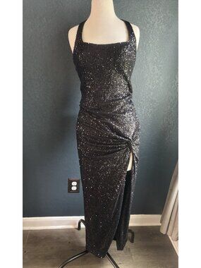 Ieena For MacDuggal Women's Dress Size 4 Black Sequin High Slit Backless